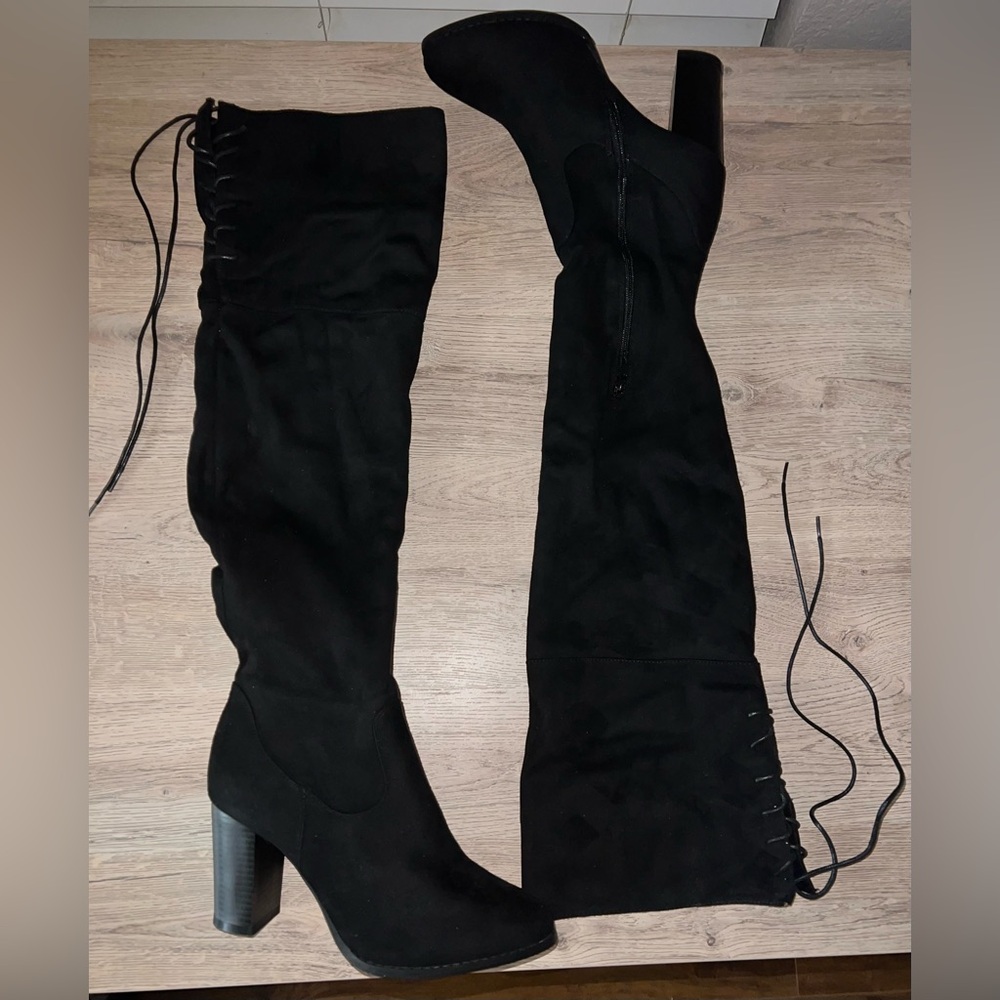 Black suede over the knee boots with lace up detail